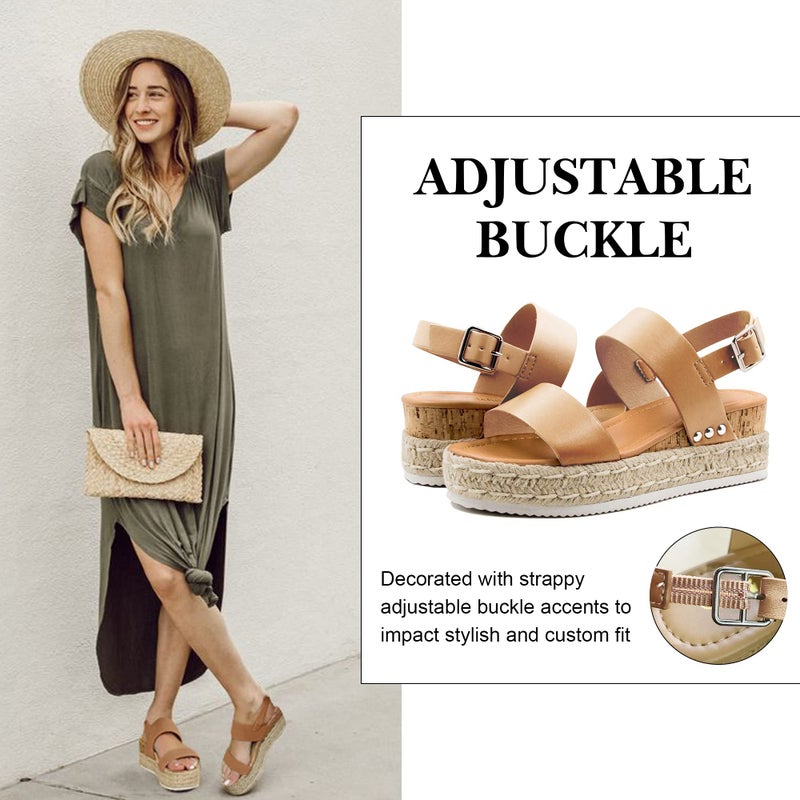 Athlefit Women's Espadrilles Platform Wedge Sandals Casual Open Toe Ankle Strap Buckle Summer Sandals, Khaki, Size 9.5, AD00502 - Image 2